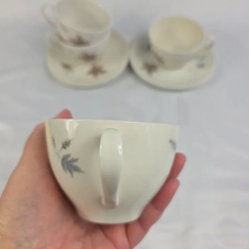 FOUR Royal Doulton Tumbling Leaves Cup & Saucer Sets Gray & Pink Leaves